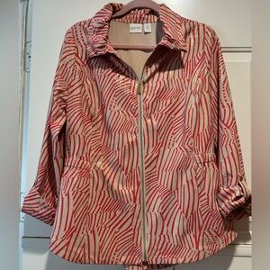 Chicos Zenergy Red and Beige Striped Jacket with Gold Threading Size 2 (10-12)